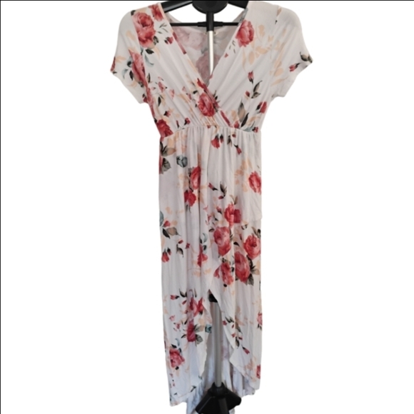 Viamor Women's Size Medium Floral High Low Dress in White and Pink - Picture 2 of 5